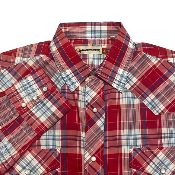 Mens‎ ROPER Pearl Snap Sample Shirt NWOT Sz. M Red Blue Plaid Long Sleeve - Picture 1 of 7